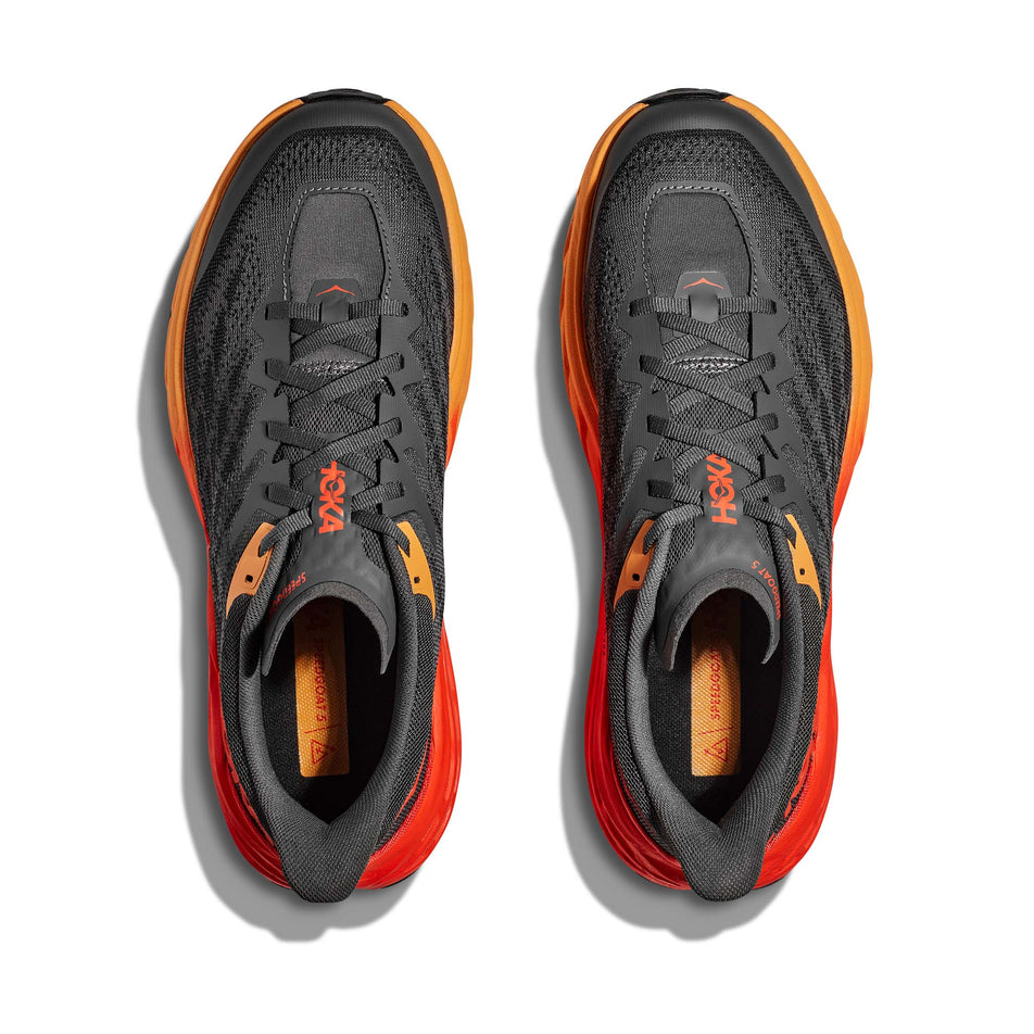 The uppers on a pair of Hoka Men's Speedgoat 5 Running Shoes in the Castlerock/Flame colourway (7922042994850)