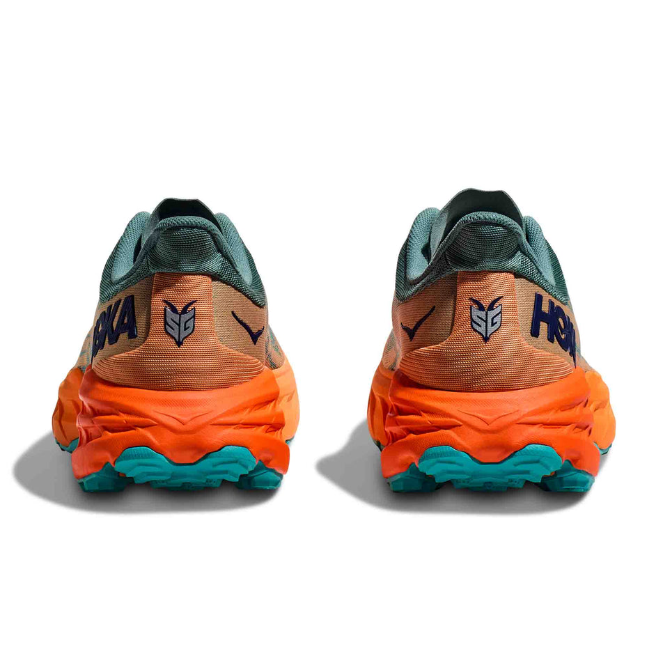 The back of a pair of HOKA Men's Speedgoat 5 Running Shoes in the Trellis/Mock Orange colourway (8044957106338)