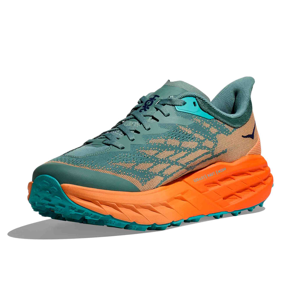 Medial side of the right shoe from a pair of HOKA Men's Speedgoat 5 Running Shoes in the Trellis/Mock Orange colourway (8044957106338)