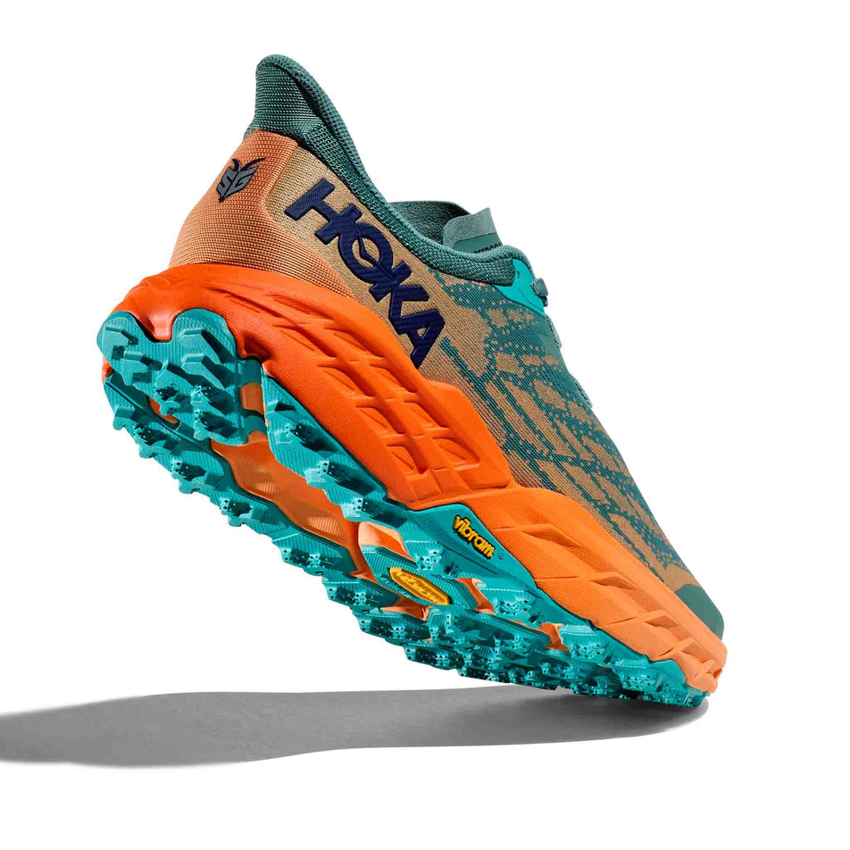 Lateral side of the right shoe from a pair of HOKA Men's Speedgoat 5 Running Shoes in the Trellis/Mock Orange colourway. The outsole is visible in the image. (8044957106338)