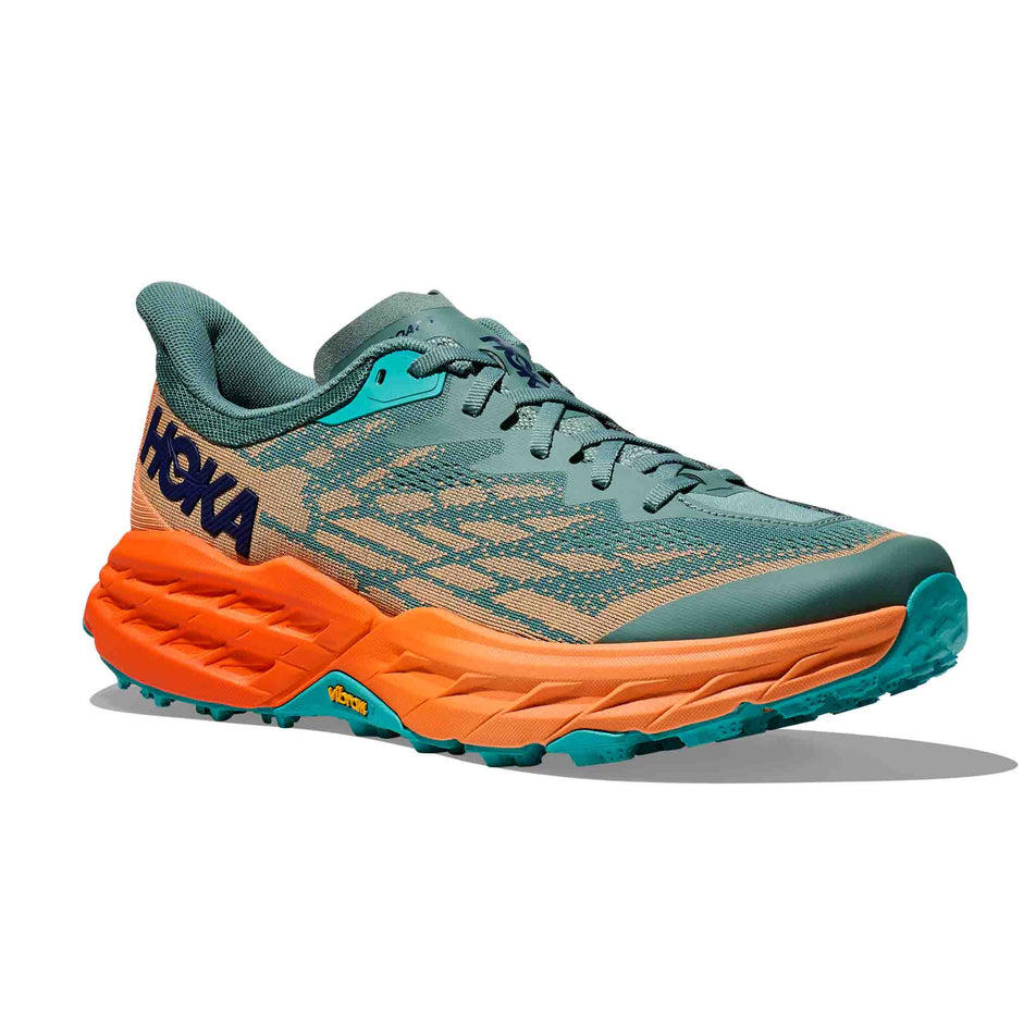 Lateral side of the right shoe from a pair of HOKA Men's Speedgoat 5 Running Shoes in the Trellis/Mock Orange colourway (8044957106338)