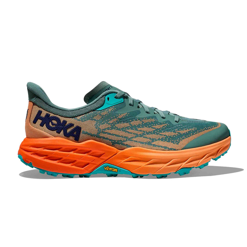 Lateral side of the right shoe from a pair of HOKA Men's Speedgoat 5 Running Shoes in the Trellis/Mock Orange colourway (8044957106338)