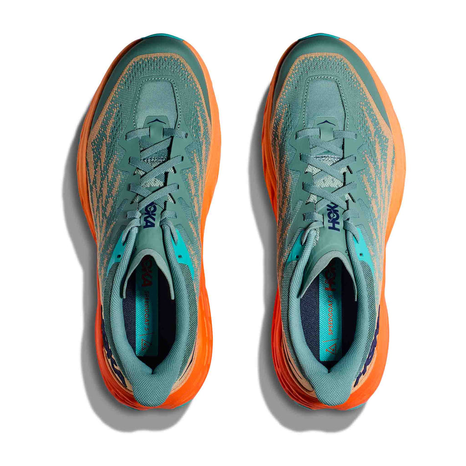 The uppers on a pair of HOKA Men's Speedgoat 5 Running Shoes in the Trellis/Mock Orange colourway (8044957106338)