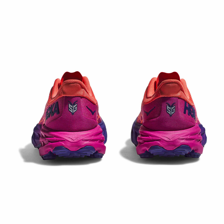 The back of a pair of HOKA Women's Speedgoat 5 Running Shoes in the Festival Fuschia/Camellia colourway (8246545219746)