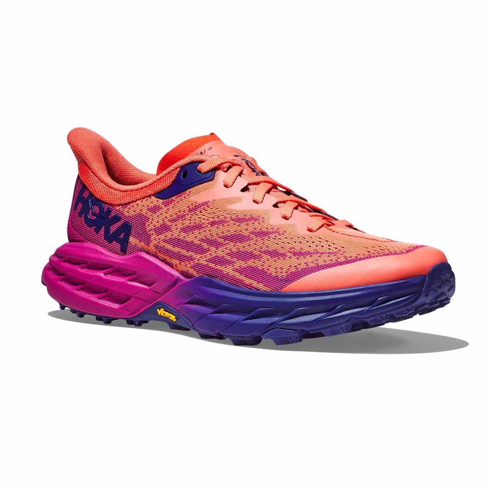 Lateral side of the right shoe from a pair of HOKA Women's Speedgoat 5 Running Shoes in the Festival Fuschia/Camellia colourway (8246545219746)