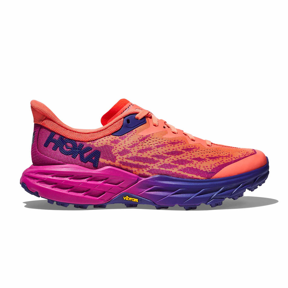 Lateral side of the right shoe from a pair of HOKA Women's Speedgoat 5 Running Shoes in the Festival Fuschia/Camellia colourway (8246545219746)