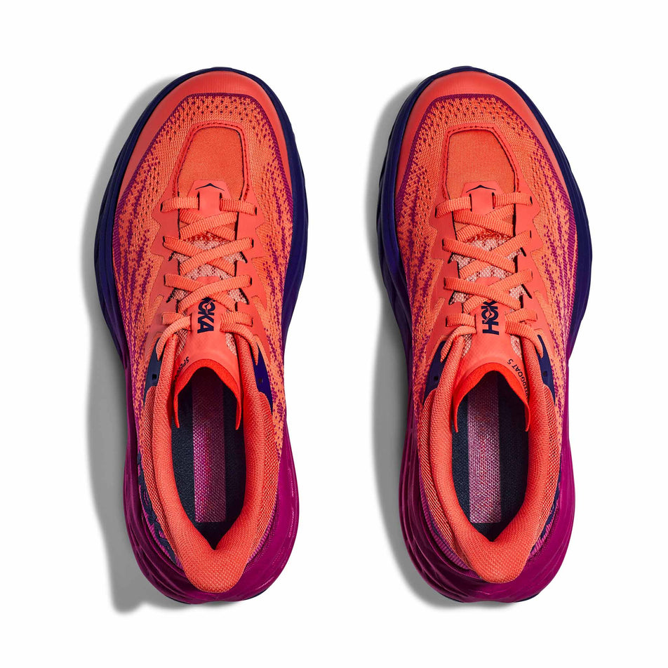The uppers on a pair of HOKA Women's Speedgoat 5 Running Shoes in the Festival Fuschia/Camellia colourway (8246545219746)