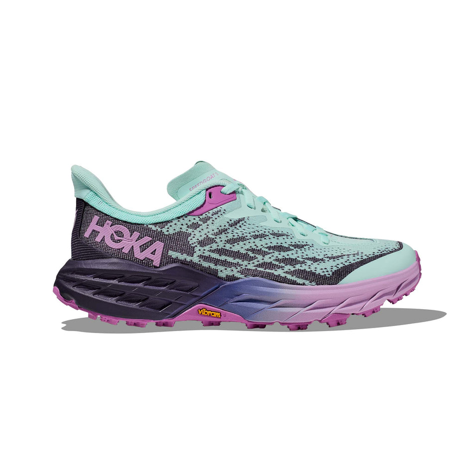 Lateral side of the right shoe from a pair of Hoka Women's Speedgoat 5 Running Shoes in the Sunlit Ocean/Night Sky colourway (7922063573154)