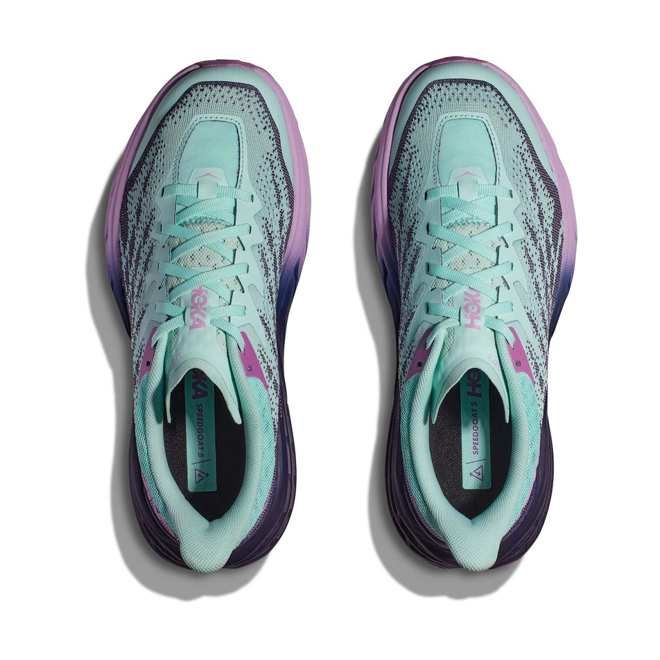 The uppers on a pair of Hoka Women's Speedgoat 5 Running Shoes in the Sunlit Ocean/Night Sky colourway (7922063573154)