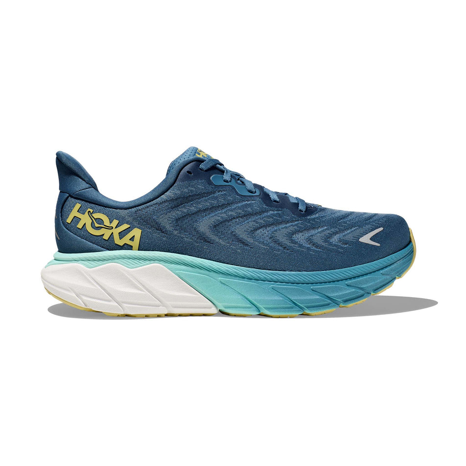 Lateral side of the right shoe from a pair of Hoka Men's Arahi 6 Running Shoes in the Bluesteel/Sunlit Ocean colourway (7922034770082)