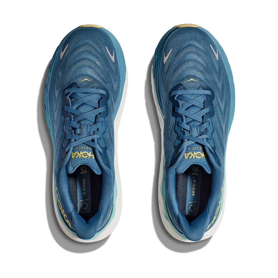 The uppers on a pair of Hoka Men's Arahi 6 Running Shoes in the Bluesteel/Sunlit Ocean colourway (7922034770082)
