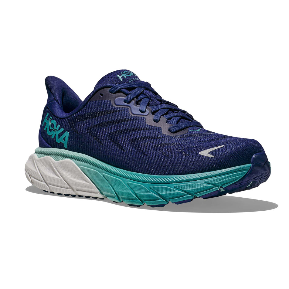 Lateral side of the right shoe from a pair of Hoka Women's Arahi 6 Running Shoes in the Bellweather Blue/Ocean Mist colourway (7922056003746)