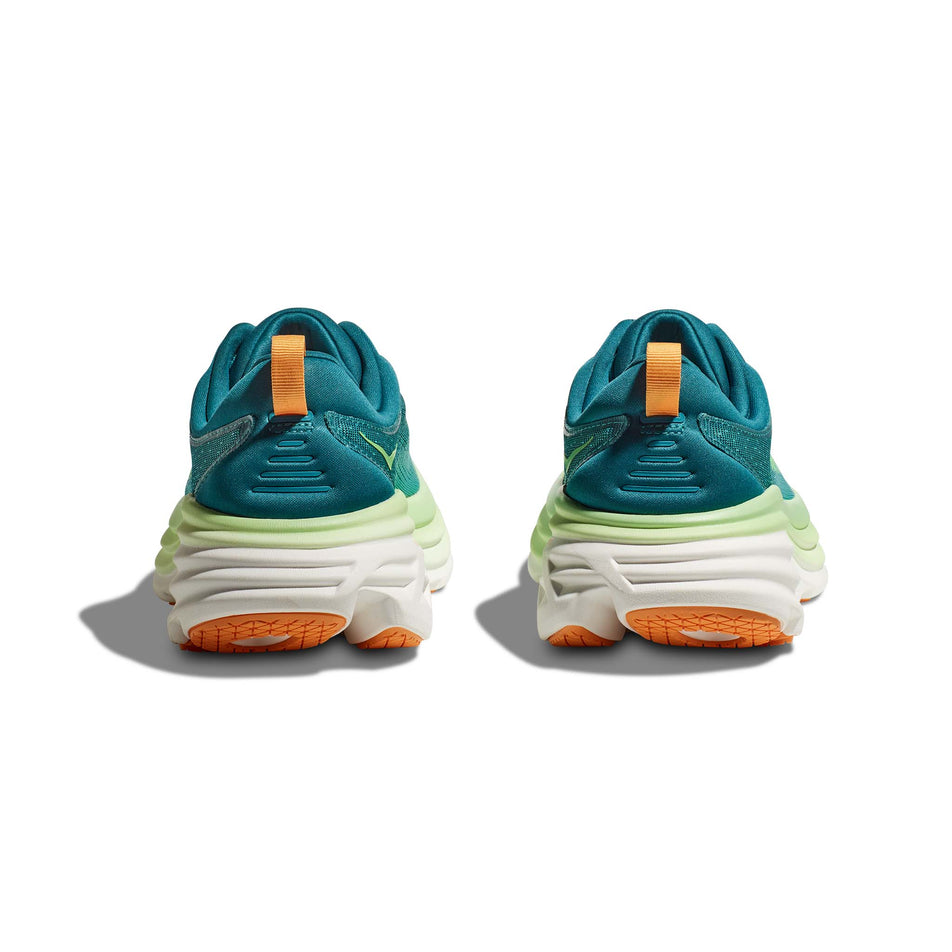 The heel units on a pair of Hoka Men's Bondi 8 Running Shoes in the Deep Lagoon/Ocean Mist colourway (7922032279714)