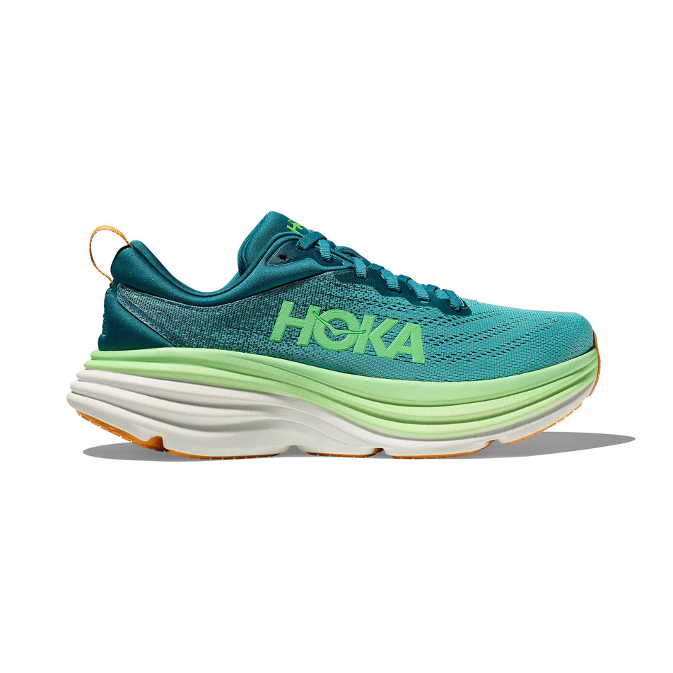 Lateral side of the right shoe from a pair of Hoka Men's Bondi 8 Running Shoes in the Deep Lagoon/Ocean Mist colourway (7922032279714)