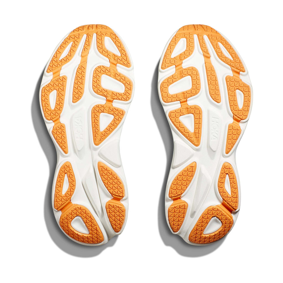 The outsoles on a pair of Hoka Men's Bondi 8 Running Shoes in the Deep Lagoon/Ocean Mist colourway (7922032279714)