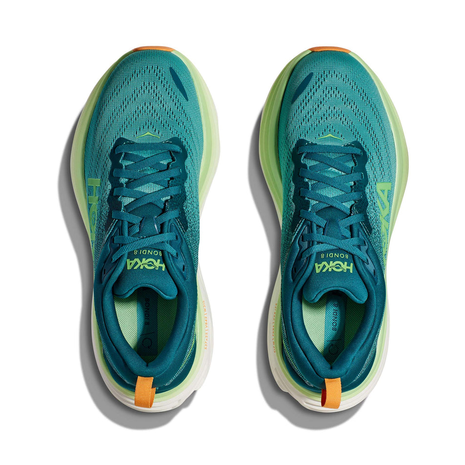 The uppers on a pair of Hoka Men's Bondi 8 Running Shoes in the Deep Lagoon/Ocean Mist colourway (7922032279714)