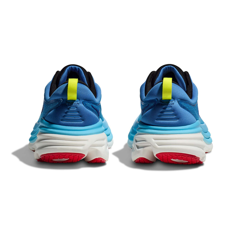 The back of a pair of HOKA Men's Bondi 8 Running Shoes in the Virtual Blue/Swim Day colourway (8146221924514)