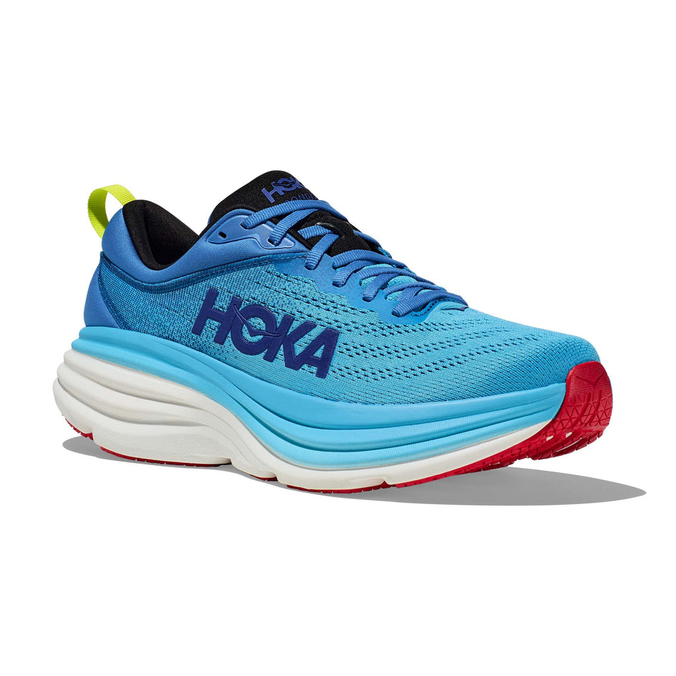 Lateral side of the right shoe from a pair of HOKA Men's Bondi 8 Running Shoes in the Virtual Blue/Swim Day colourway (8146221924514)