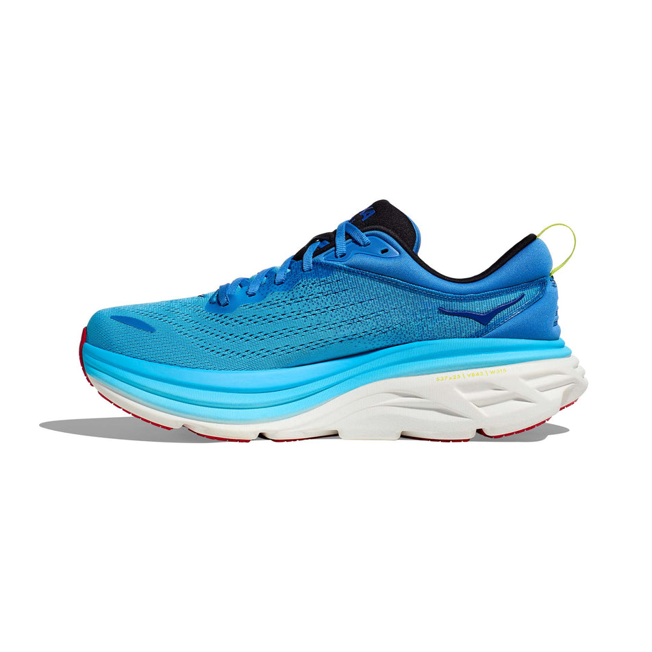 Medial side of the right shoe from a pair of HOKA Men's Bondi 8 Running Shoes in the Virtual Blue/Swim Day colourway (8146221924514)