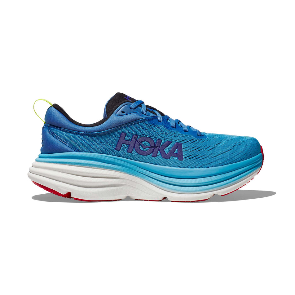 Lateral side of the right shoe from a pair of HOKA Men's Bondi 8 Running Shoes in the Virtual Blue/Swim Day colourway (8146221924514)