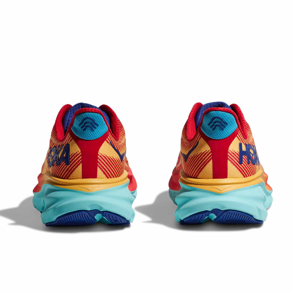 The back of a pair of HOKA Men's Clifton 9 Running Shoes in the Cerise/Cloudless colourway (8246534897826)