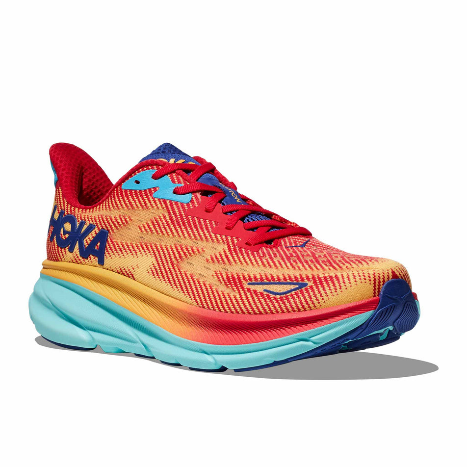 Lateral side of the right shoe from a pair of HOKA Men's Clifton 9 Running Shoes in the Cerise/Cloudless colourway (8246534897826)