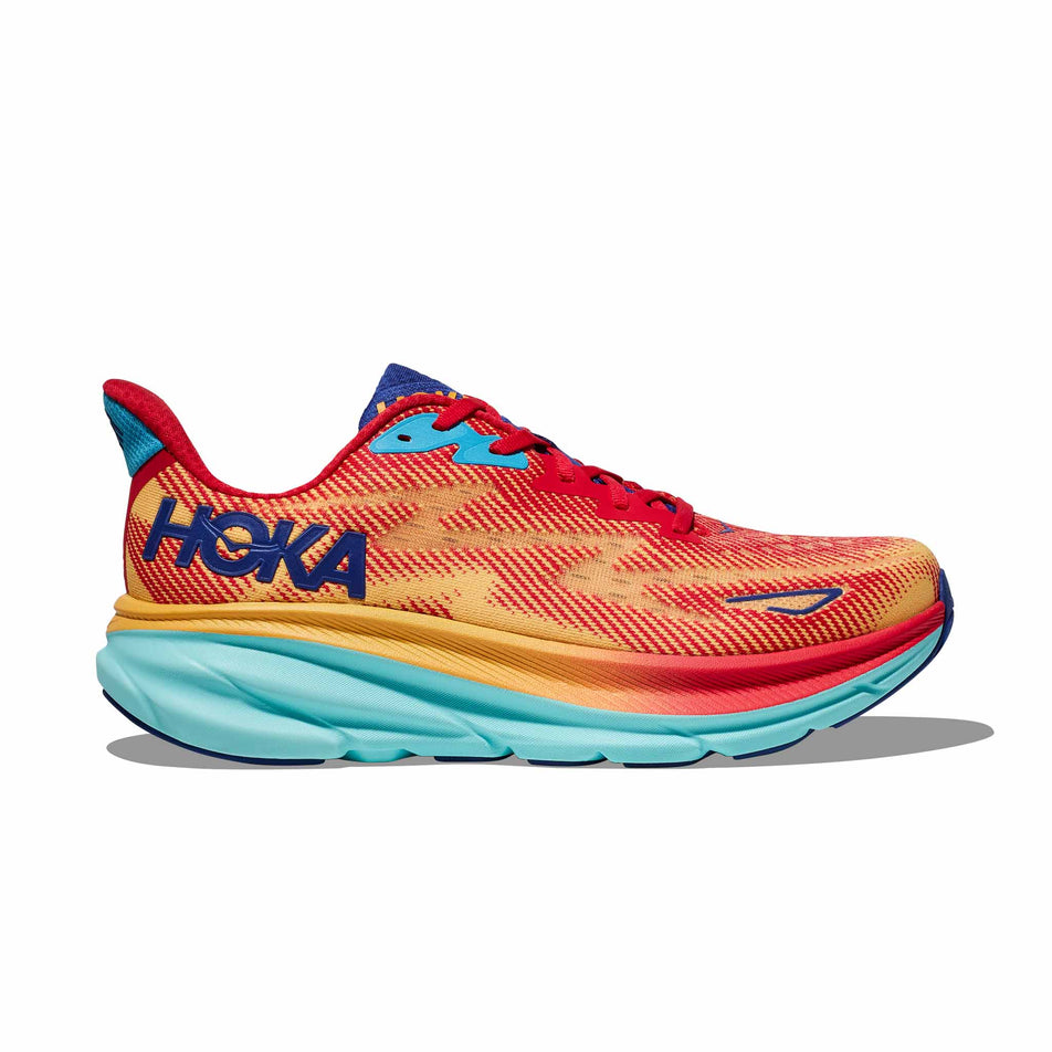 Lateral side of the right shoe from a pair of HOKA Men's Clifton 9 Running Shoes in the Cerise/Cloudless colourway (8246534897826)
