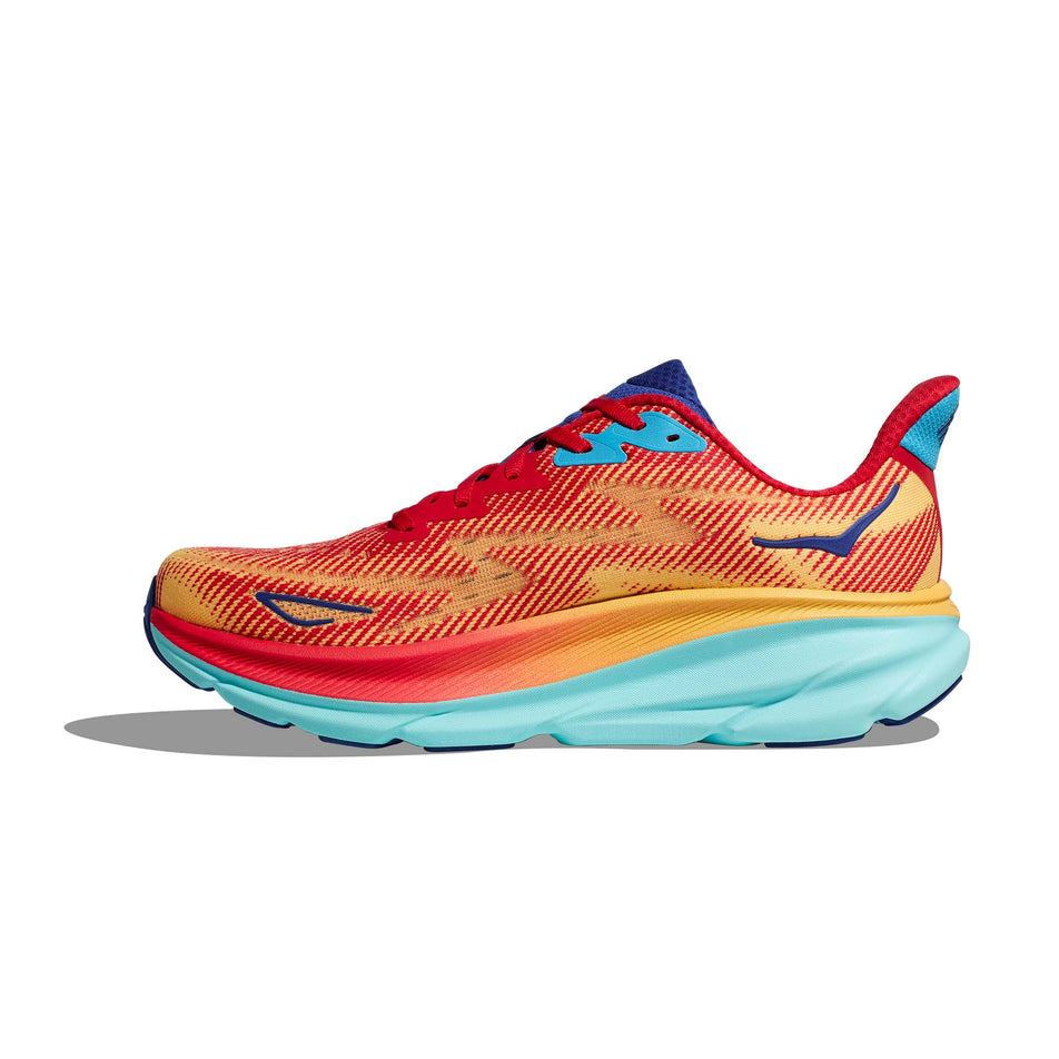 Medial side of the right shoe from a pair of HOKA Men's Clifton 9 Running Shoes in the Cerise/Cloudless colourway (8246534897826)