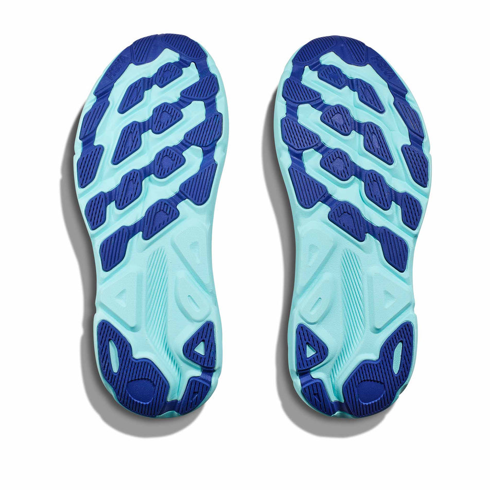 The outsoles on a pair of HOKA Men's Clifton 9 Running Shoes in the Cerise/Cloudless colourway (8246534897826)