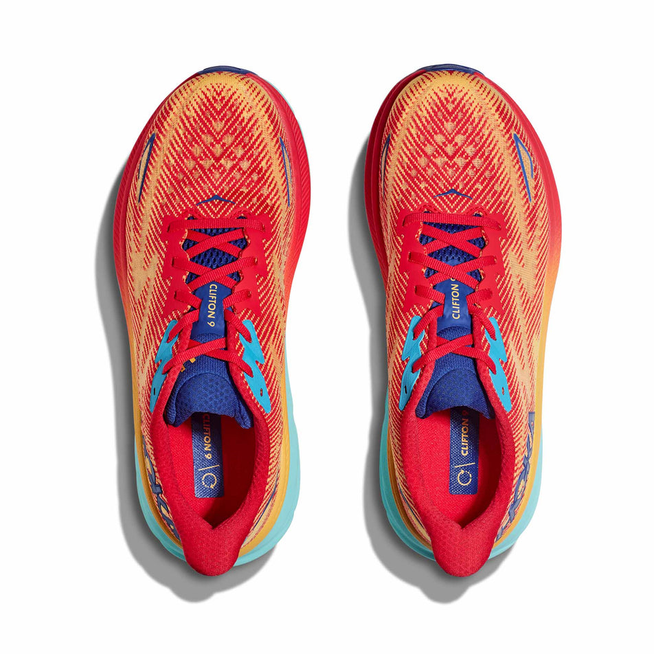 The uppers on a pair of HOKA Men's Clifton 9 Running Shoes in the Cerise/Cloudless colourway (8246534897826)