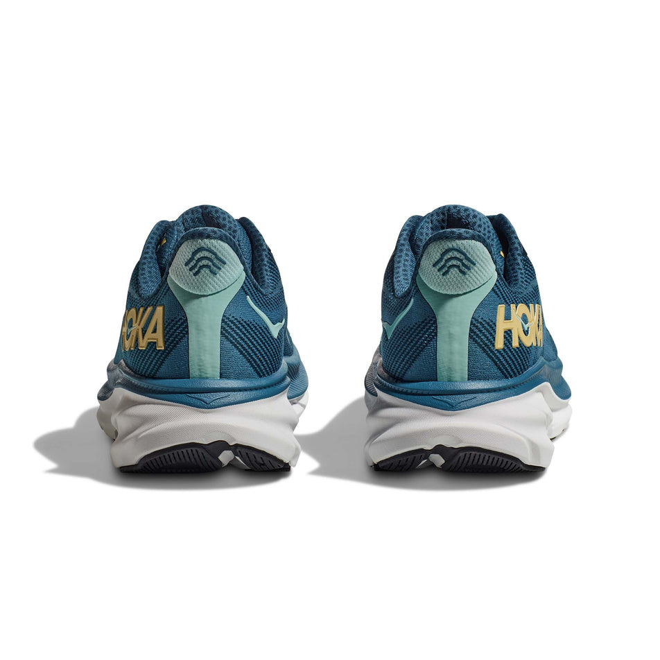 The back of a pair of HOKA Men's Clifton 9 Running Shoes in the Midnight Ocean/Bluesteel colourway (7922029854882)