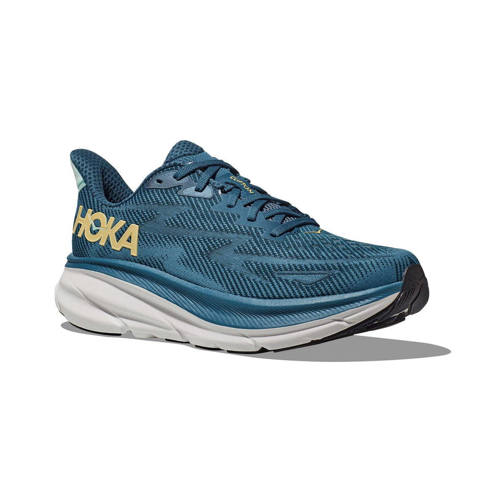 Lateral side of the right shoe from a pair of HOKA Men's Clifton 9 Running Shoes in the Midnight Ocean/Bluesteel colourway (7922029854882)