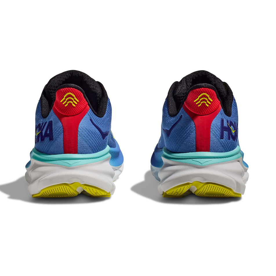 The back of a pair of HOKA Men's Clifton 9 Running Shoes in the Virtual Blue/Cerise colourway (8144918020258)