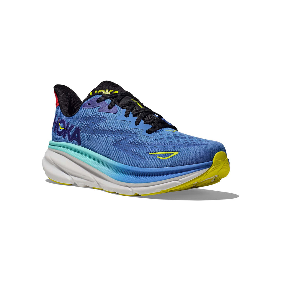 Lateral side of the right shoe from a pair of HOKA Men's Clifton 9 Running Shoes in the Virtual Blue/Cerise colourway (8144918020258)