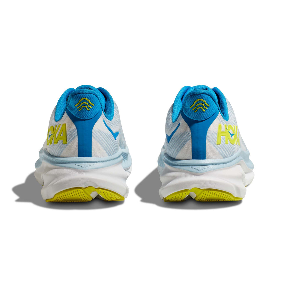 The back of a pair of HOKA Men's Clifton 9 Running Shoes in the Ice Water/Evening Primrose colourway (8064392921250)
