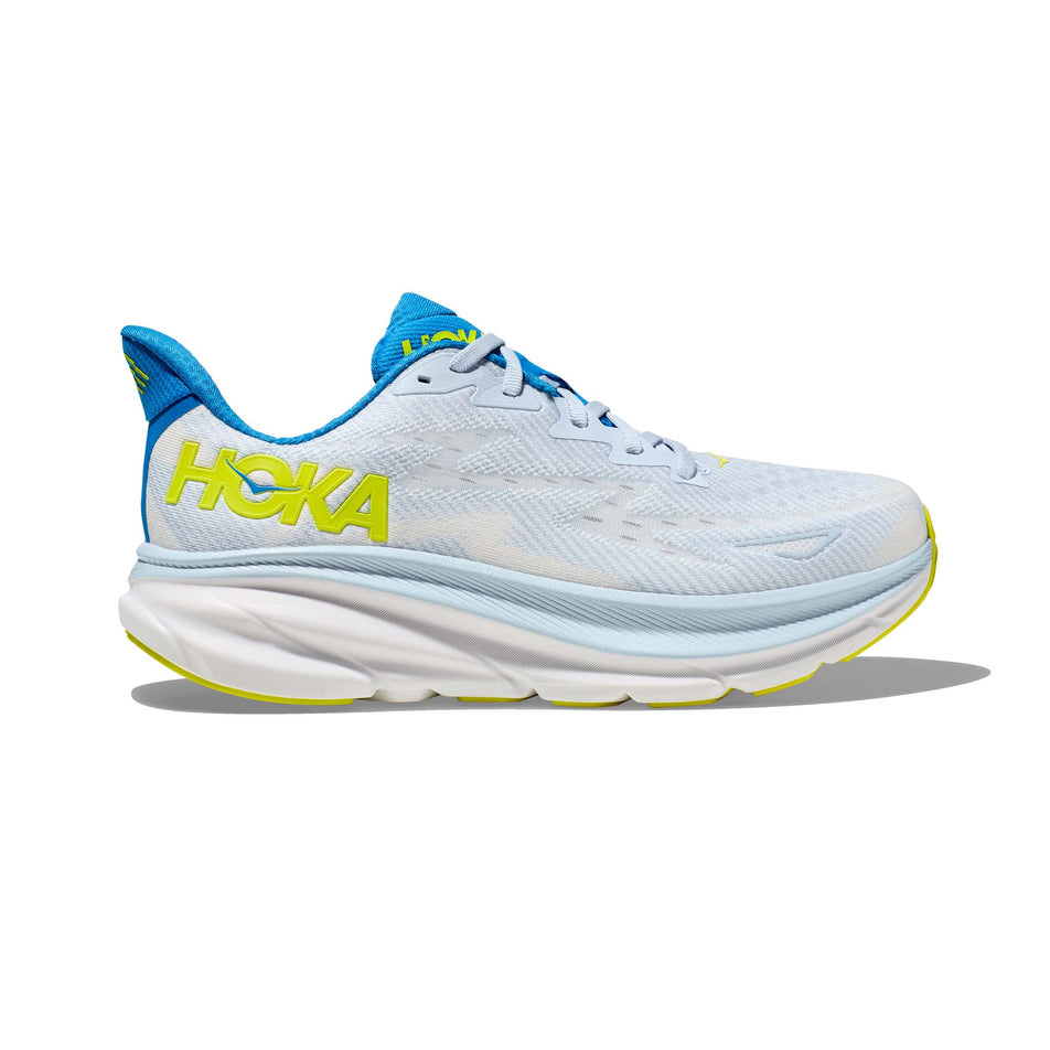 Lateral side of the right shoe from a pair of HOKA Men's Clifton 9 Running Shoes in the Ice Water/Evening Primrose colourway (8064392921250)