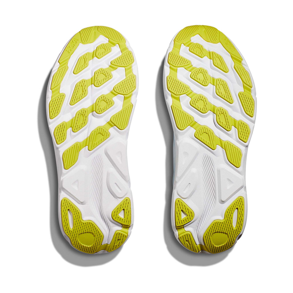 The outsoles on a pair of HOKA Men's Clifton 9 Running Shoes in the Ice Water/Evening Primrose colourway (8064392921250)