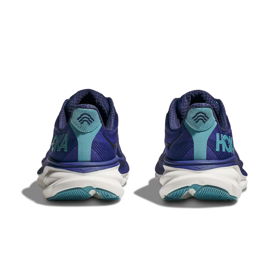 The heel units on a pair of Hoka Women's Clifton 9 Running Shoes in the Bellweather Blue/Evening Sky colourway (7922048434338)