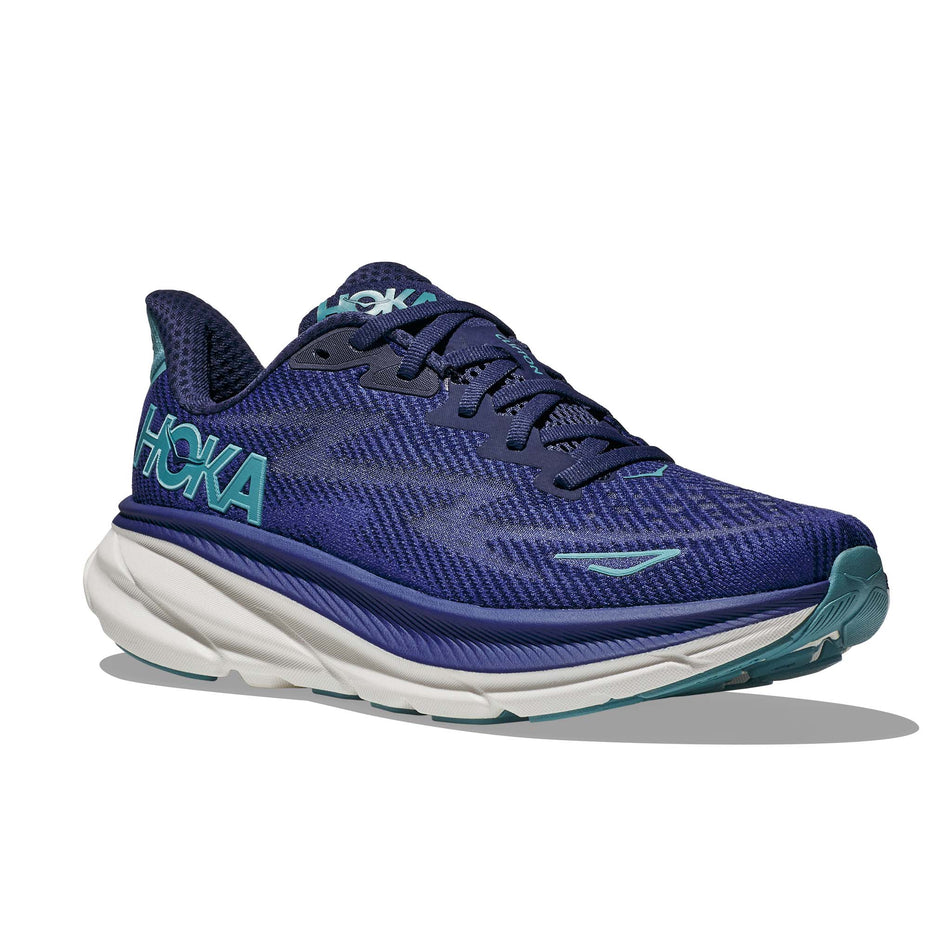 Lateral side of the right shoe from a pair of Hoka Women's Clifton 9 Running Shoes in the Bellweather Blue/Evening Sky colourway (7922048434338)