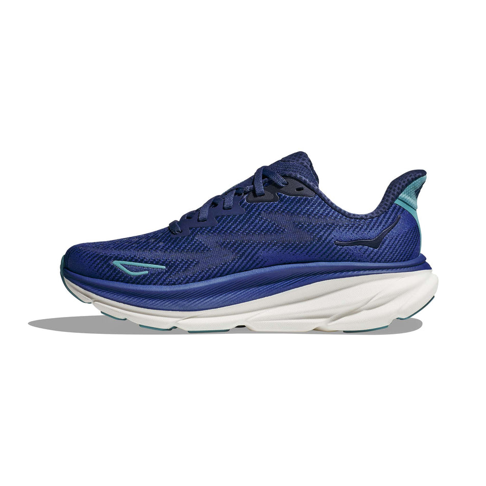 Medial side of the right shoe from a pair of Hoka Women's Clifton 9 Running Shoes in the Bellweather Blue/Evening Sky colourway (7922048434338)