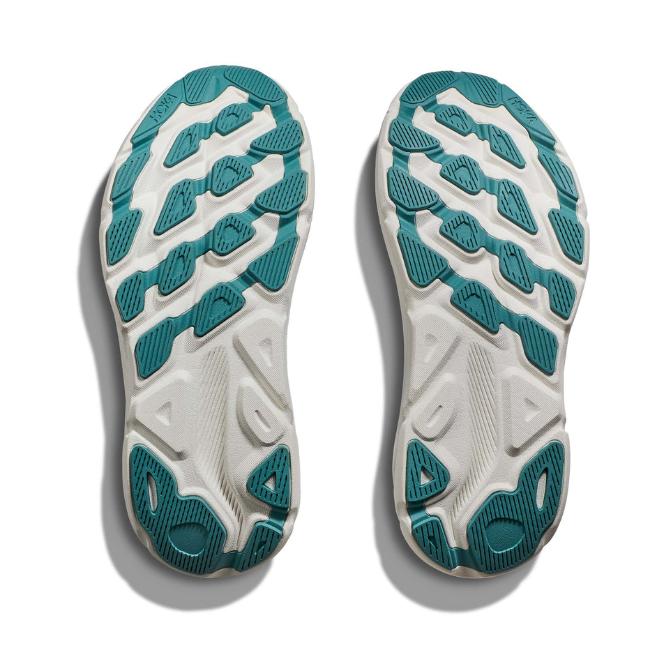 The outsoles on a pair of Hoka Women's Clifton 9 Running Shoes in the Bellweather Blue/Evening Sky colourway (7922048434338)