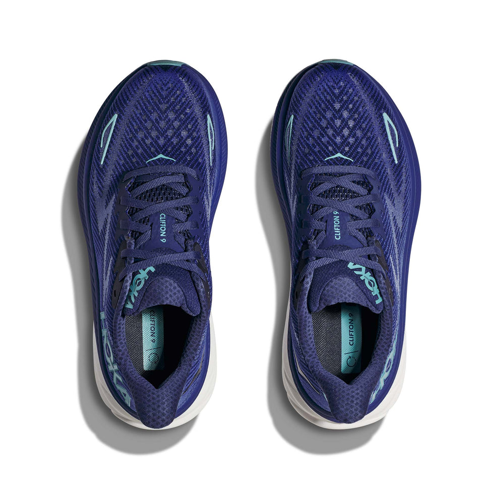 The uppers on a pair of Hoka Women's Clifton 9 Running Shoes in the Bellweather Blue/Evening Sky colourway (7922048434338)