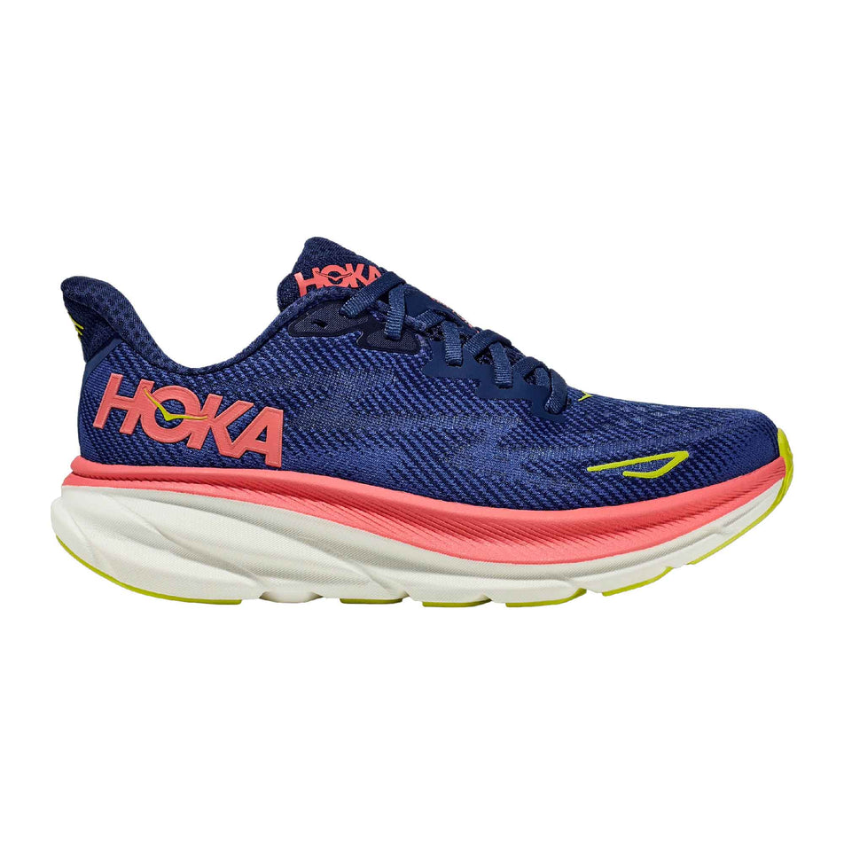 Lateral side of the right shoe from a pair of HOKA Women's Clifton 9 Running Shoes in the Evening Sky/Coral colourway (8144922411170)