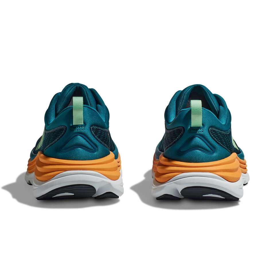 The heel units on a pair of Hoka Men's Gaviota 5 Running Shoes in the Deep Lagoon/Sherbet colourway (7922038177954)