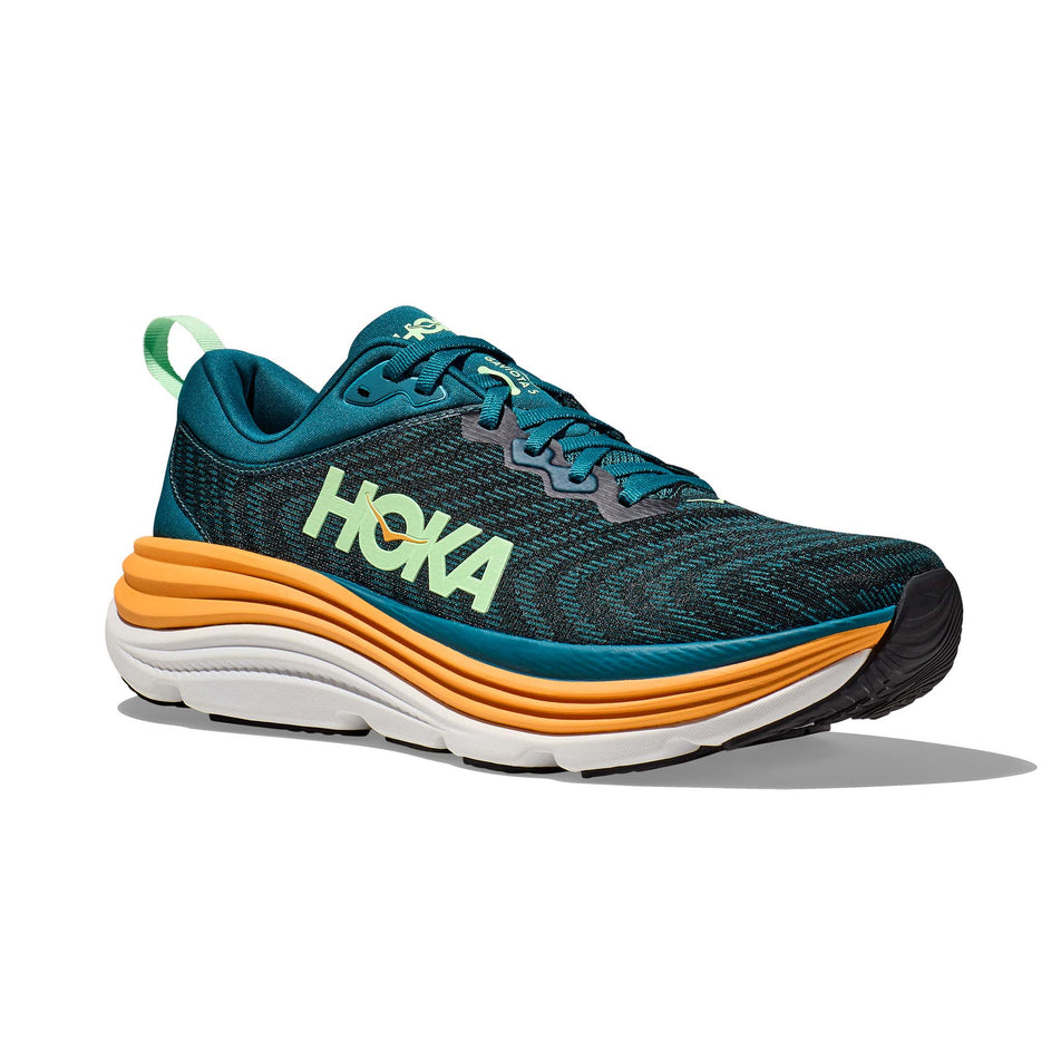 Lateral side of the right shoe from a pair of Hoka Men's Gaviota 5 Running Shoes in the Deep Lagoon/Sherbet colourway (7922038177954)