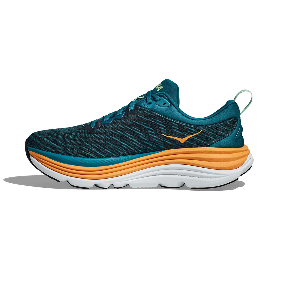 Medial side of the right shoe from a pair of Hoka Men's Gaviota 5 Running Shoes in the Deep Lagoon/Sherbet colourway (7922038177954)