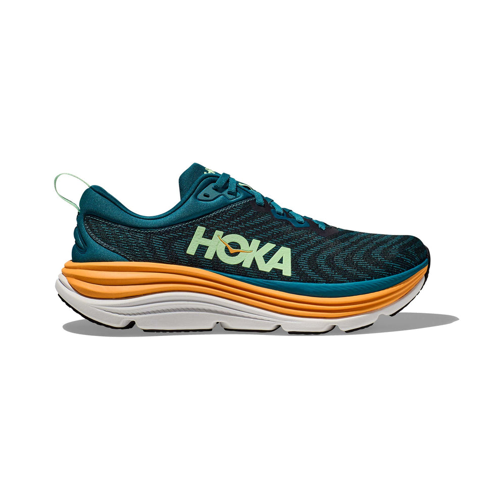 Lateral side of the right shoe from a pair of Hoka Men's Gaviota 5 Running Shoes in the Deep Lagoon/Sherbet colourway (7922038177954)
