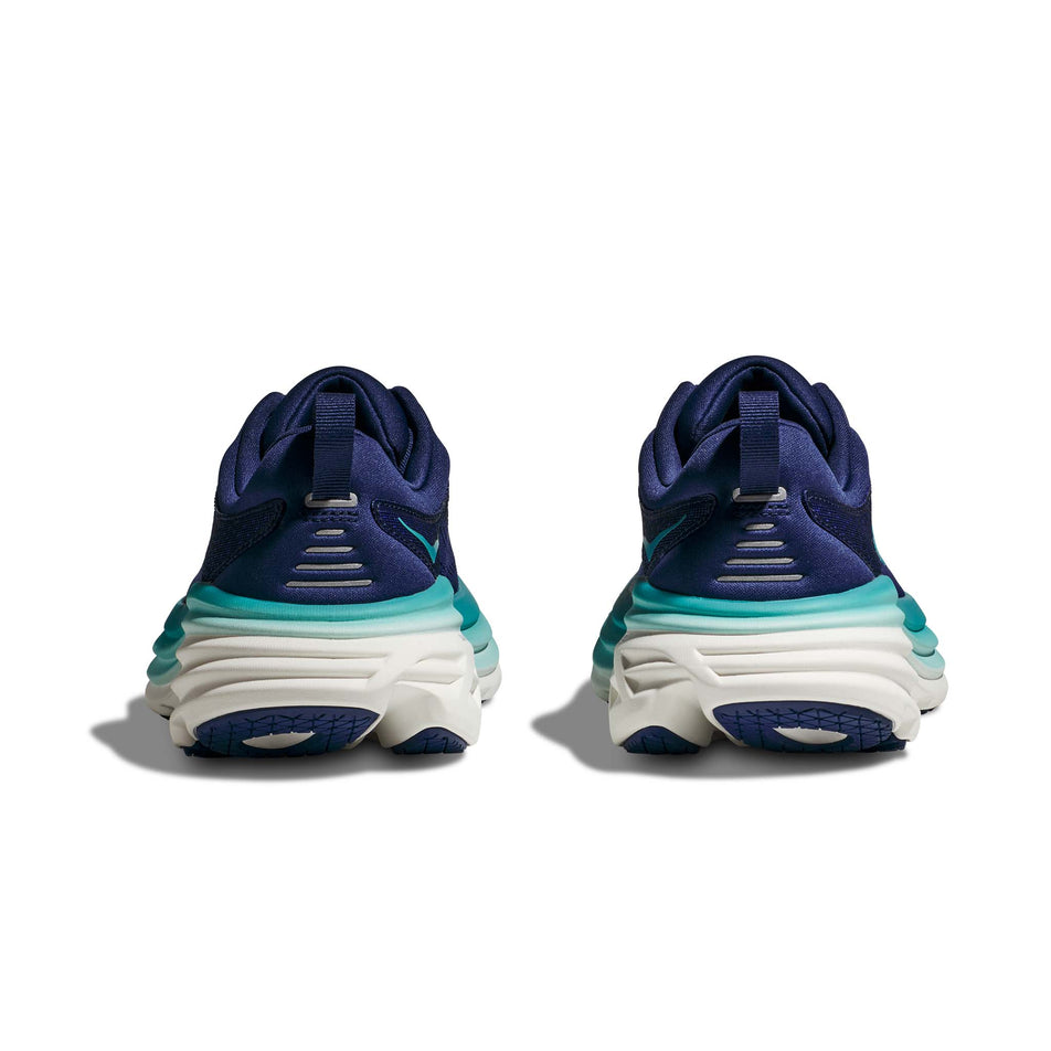 The heel units on a pair of Hoka Women's Bondi 8 Running Shoes in the Bellweather Blue/Evening Sky colourway (7922052792482)