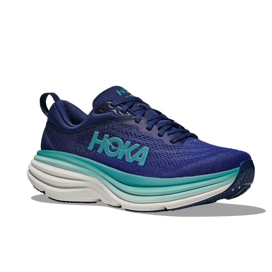 Lateral side of the right shoe from a pair of Hoka Women's Bondi 8 Running Shoes in the Bellweather Blue/Evening Sky colourway (7922052792482)
