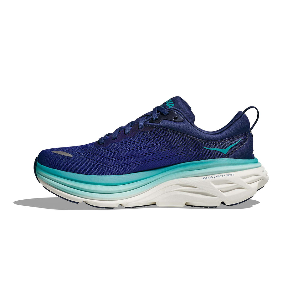 Medial side of the right shoe from a pair of Hoka Women's Bondi 8 Running Shoes in the Bellweather Blue/Evening Sky colourway (7922052792482)